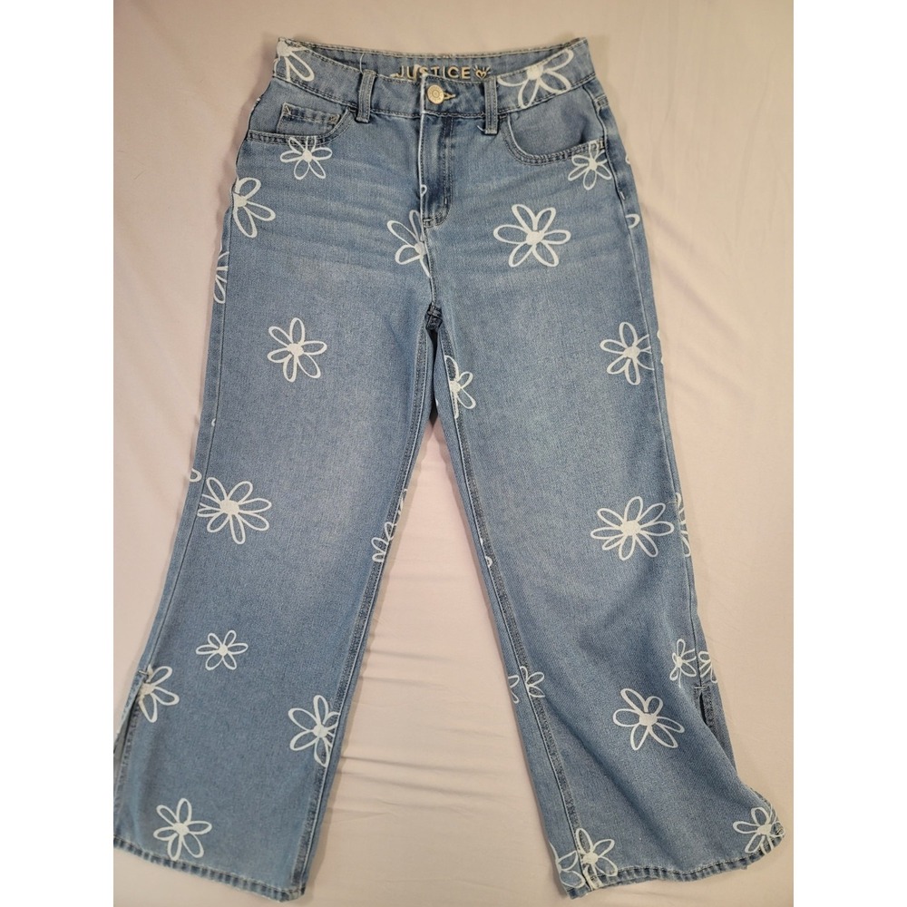 Justice Girls Daisy Print Wide Leg Jeans Size 14 Light Wash Y2K Retro Floral